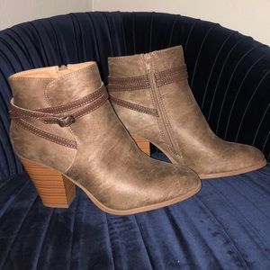 Light brown booties with buckle detailing
